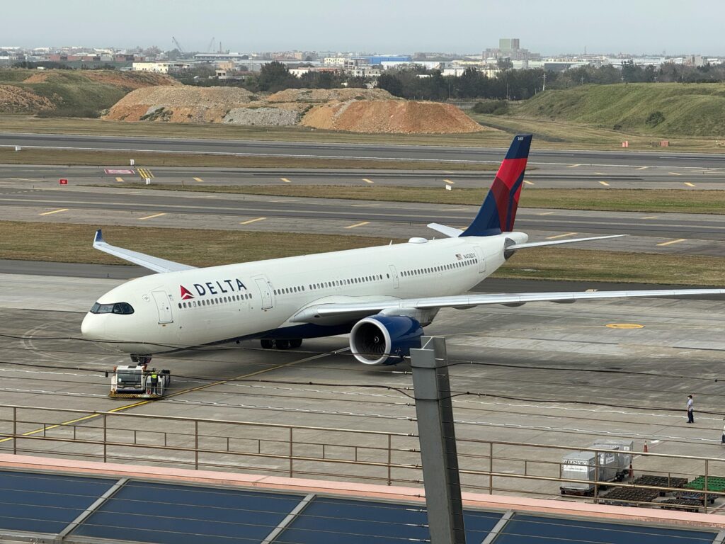 Delta Air Lines Airbus A350 preparing for takeoff at Taiwan Taoyuan International Airport.